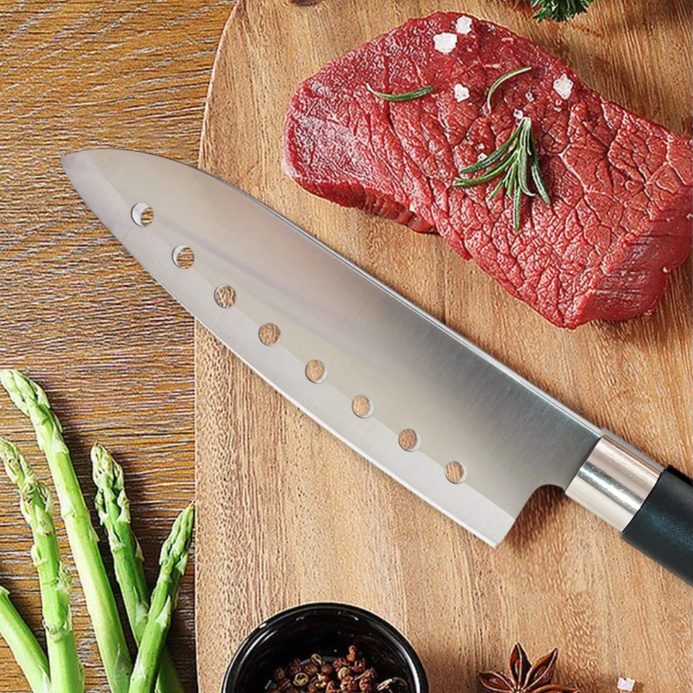 იაპონური Santoku Koken დანა მრავალმხრივი გამოყენებადი, 17.2 სმ უჟანგავი ფოლადის დანა, PP სახელური, პროფესიონალი