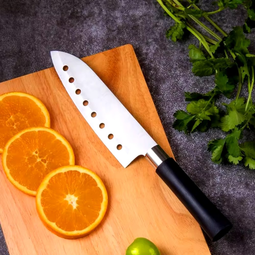 იაპონური Santoku Koken დანა მრავალმხრივი გამოყენებადი, 17.2 სმ უჟანგავი ფოლადის დანა, PP სახელური, პროფესიონალი