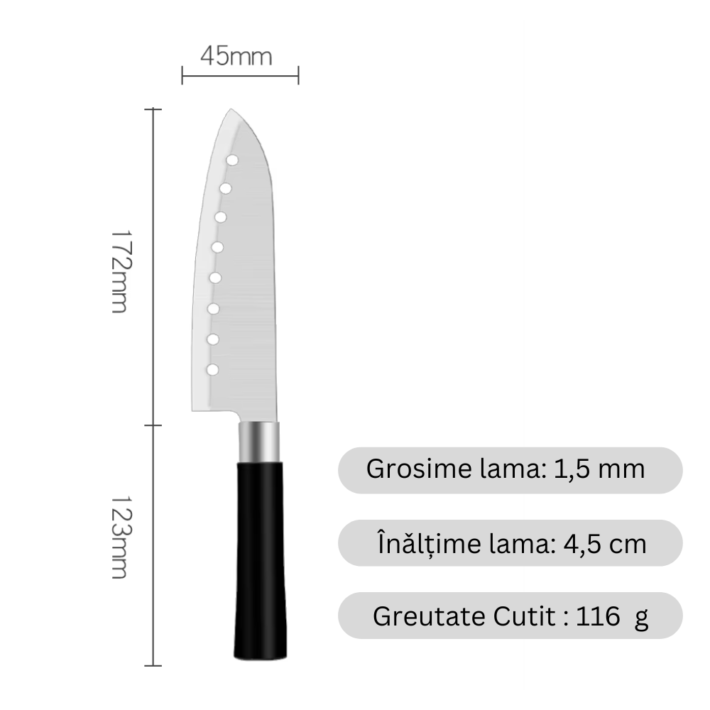 იაპონური Santoku Koken დანა მრავალმხრივი გამოყენებადი, 17.2 სმ უჟანგავი ფოლადის დანა, PP სახელური, პროფესიონალი