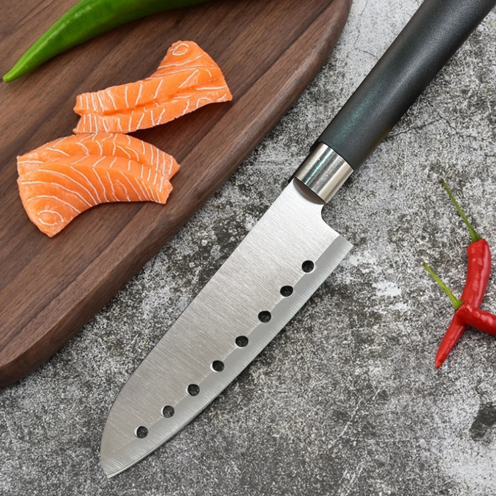 იაპონური Santoku Koken დანა მრავალმხრივი გამოყენებადი, 17.2 სმ უჟანგავი ფოლადის დანა, PP სახელური, პროფესიონალი