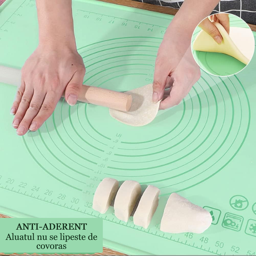 Covoraș Siliconic cu Margini Crescute Koken, Plansa de Lucru cu Marimi Extra, 45x65 cm, - Frământare, Rulare, Întindere Aluat, Scala de Măsurare, Rezistent Termic, Durabil, Ecologic, Turcoaz