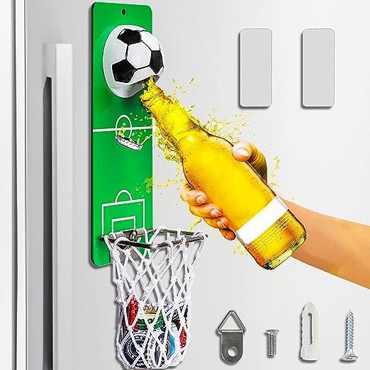 Desfăcător de Sticle cu Colector de Capace Koken, - Decor și Cadou Perfect pentru Suporteri, Bărbați, Fotbal și Sport, 20x8 cm, 3 Moduri de Instalare, Otel/Verde