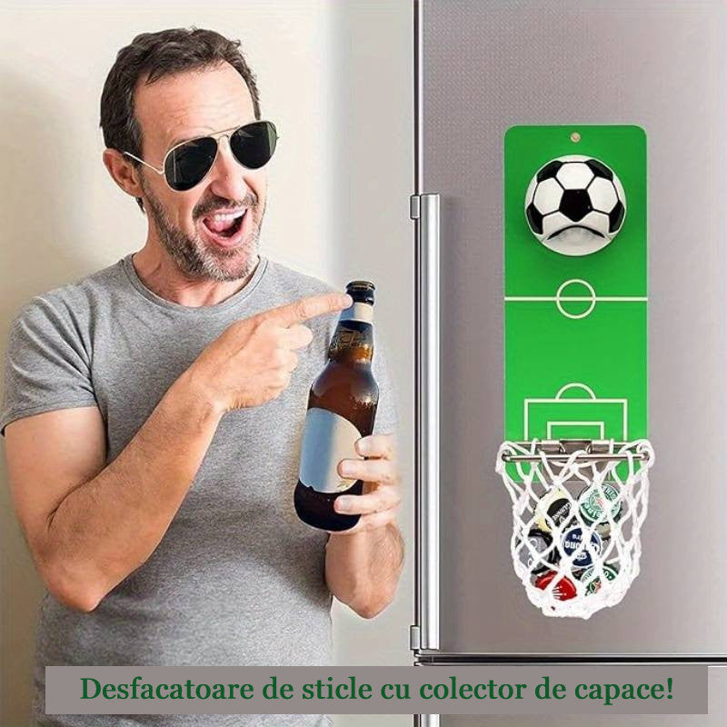 Desfăcător de Sticle cu Colector de Capace Koken, - Decor și Cadou Perfect pentru Suporteri, Bărbați, Fotbal și Sport, 20x8 cm, 3 Moduri de Instalare, Otel/Verde