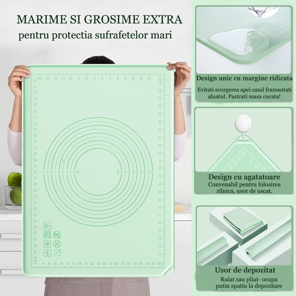 Covoraș Siliconic cu Margini Crescute Koken, Plansa de Lucru cu Marimi Extra, 45x65 cm, - Frământare, Rulare, Întindere Aluat, Scala de Măsurare, Rezistent Termic, Durabil, Ecologic, Turcoaz