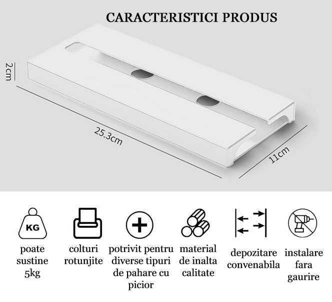 Suport suspendat pentru pahare cu picior Koken, potrivit pentru diverse tipuri de pahare, 2 x 11x 25 cm, Plastic/Alb