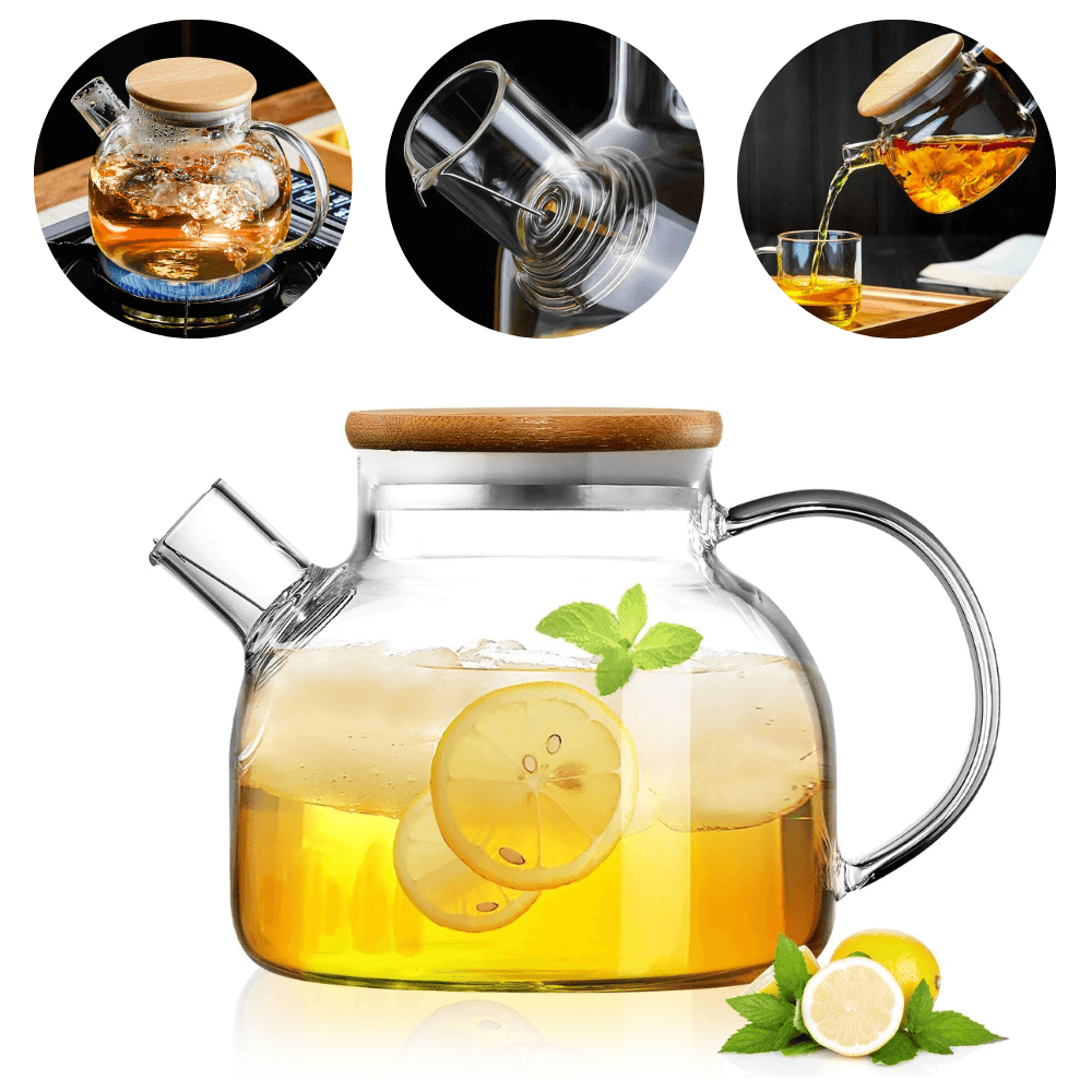 Ceainic cu infuzor Koken.ro, Sticla termorezistentă borosilicată, 950 ml, Capacul din bambus/oțel inoxidabil, Rezistent la temperaturi extreme 150℃, - köken