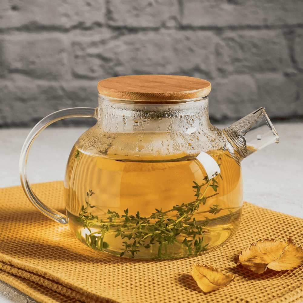 Ceainic cu infuzor Koken.ro, Sticla termorezistentă borosilicată, 950 ml, Capacul din bambus/oțel inoxidabil, Rezistent la temperaturi extreme 150℃, - köken