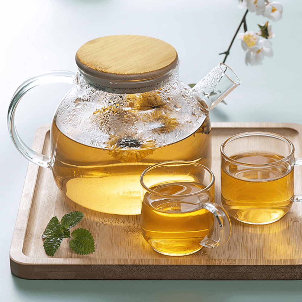 Ceainic cu infuzor Koken.ro, Sticla termorezistentă borosilicată, 950 ml, Capacul din bambus/oțel inoxidabil, Rezistent la temperaturi extreme 150℃, - köken