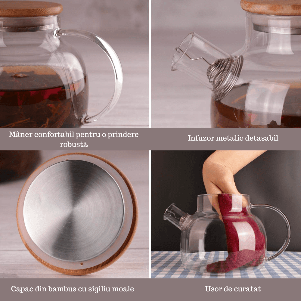 Ceainic cu infuzor Koken.ro, Sticla termorezistentă borosilicată, 950 ml, Capacul din bambus/oțel inoxidabil, Rezistent la temperaturi extreme 150℃, - köken