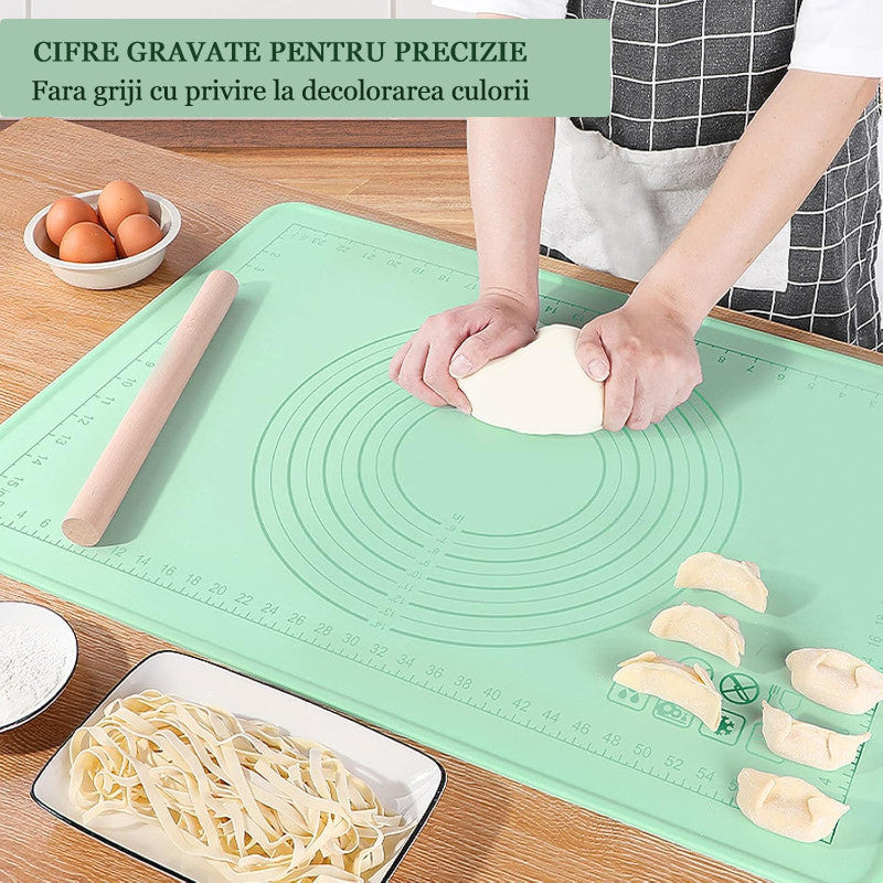 Covoraș Siliconic cu Margini Crescute Koken, Plansa de Lucru cu Marimi Extra, 45x65 cm, - Frământare, Rulare, Întindere Aluat, Scala de Măsurare, Rezistent Termic, Durabil, Ecologic, Turcoaz