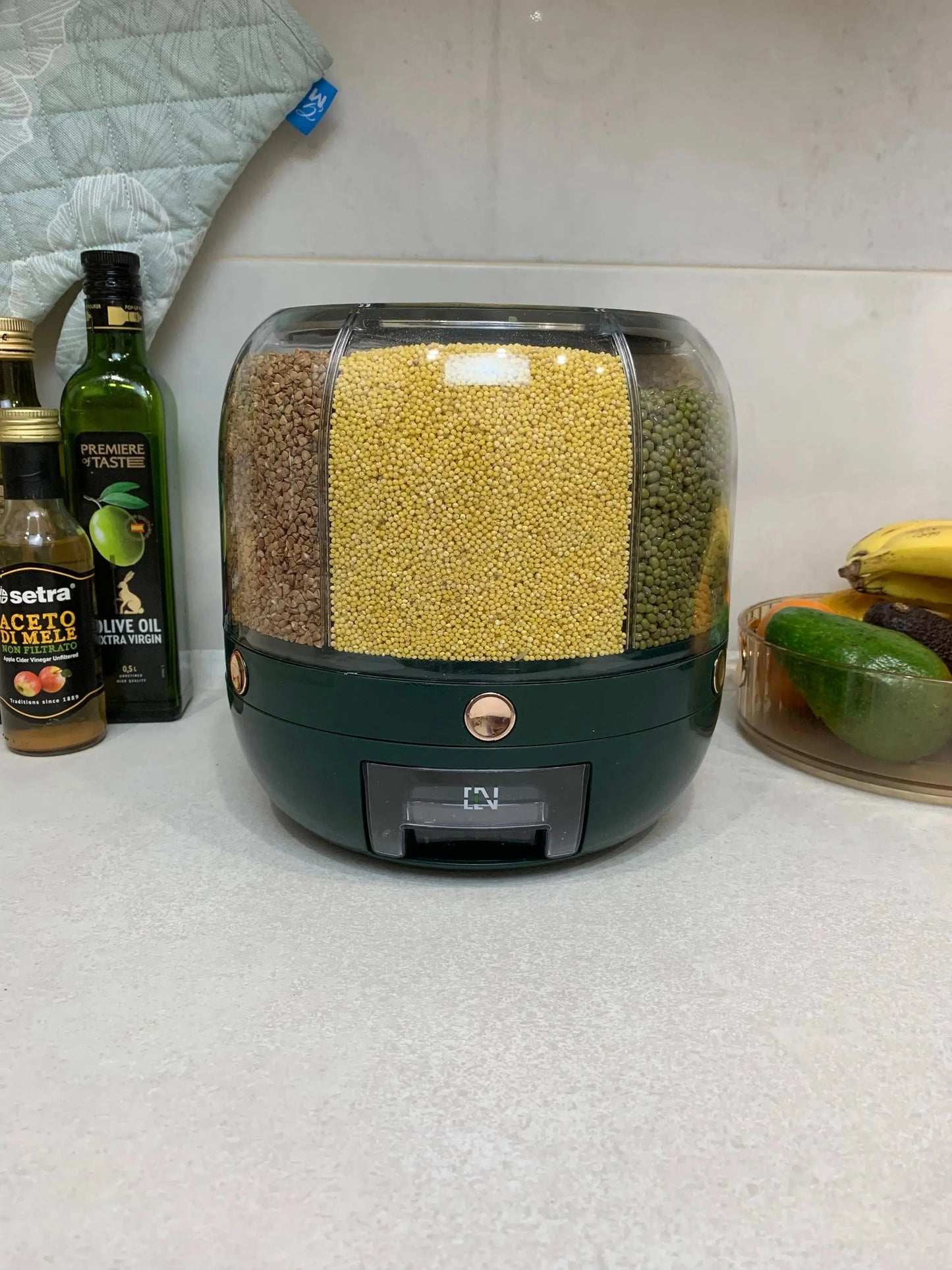 Dispenser Cereale Rotativ Koken.ro - Organizator și Dozator cu 6 compartimente x 0,5kg, Verde/Alb, 27 x 27 x 24cm - köken