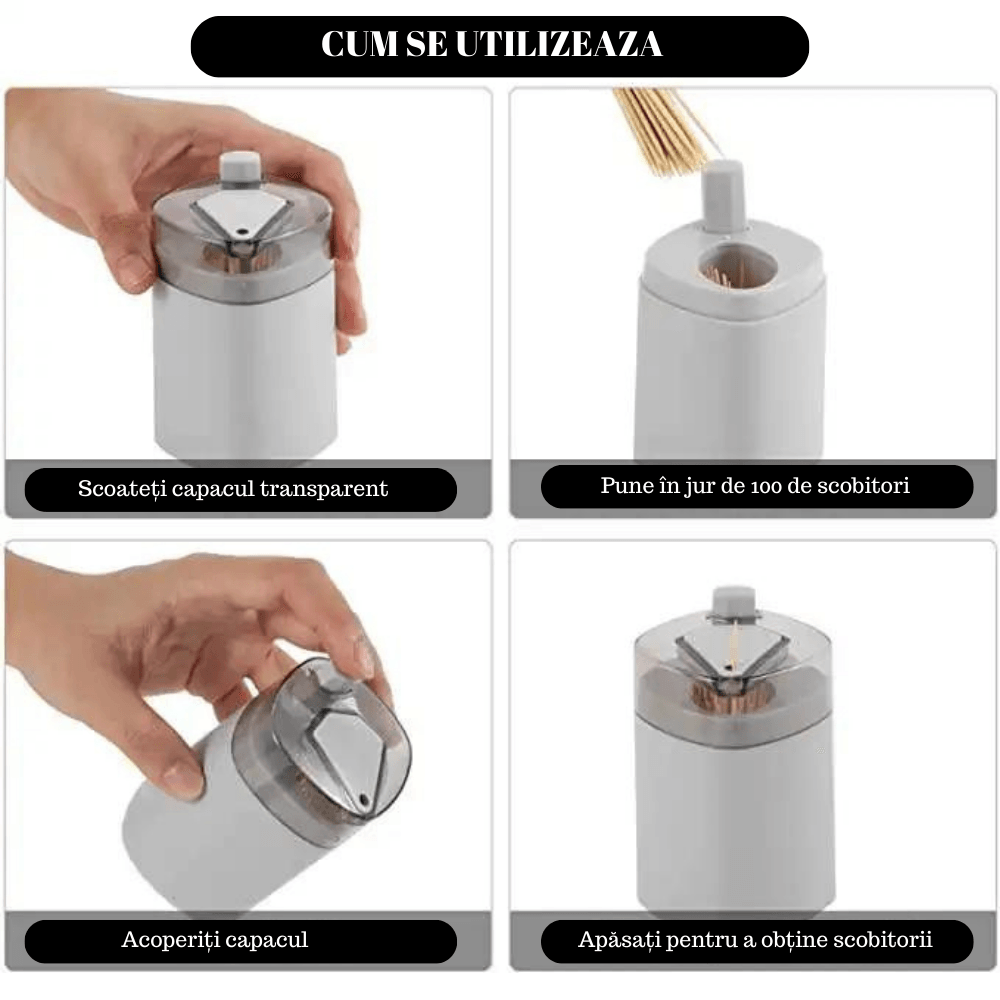 Dispenser Scobitori cu Buton de la Koken.ro, Suport Rotativ din Plastic, 8,3 x 5,5 cm, Culoare Gri - köken