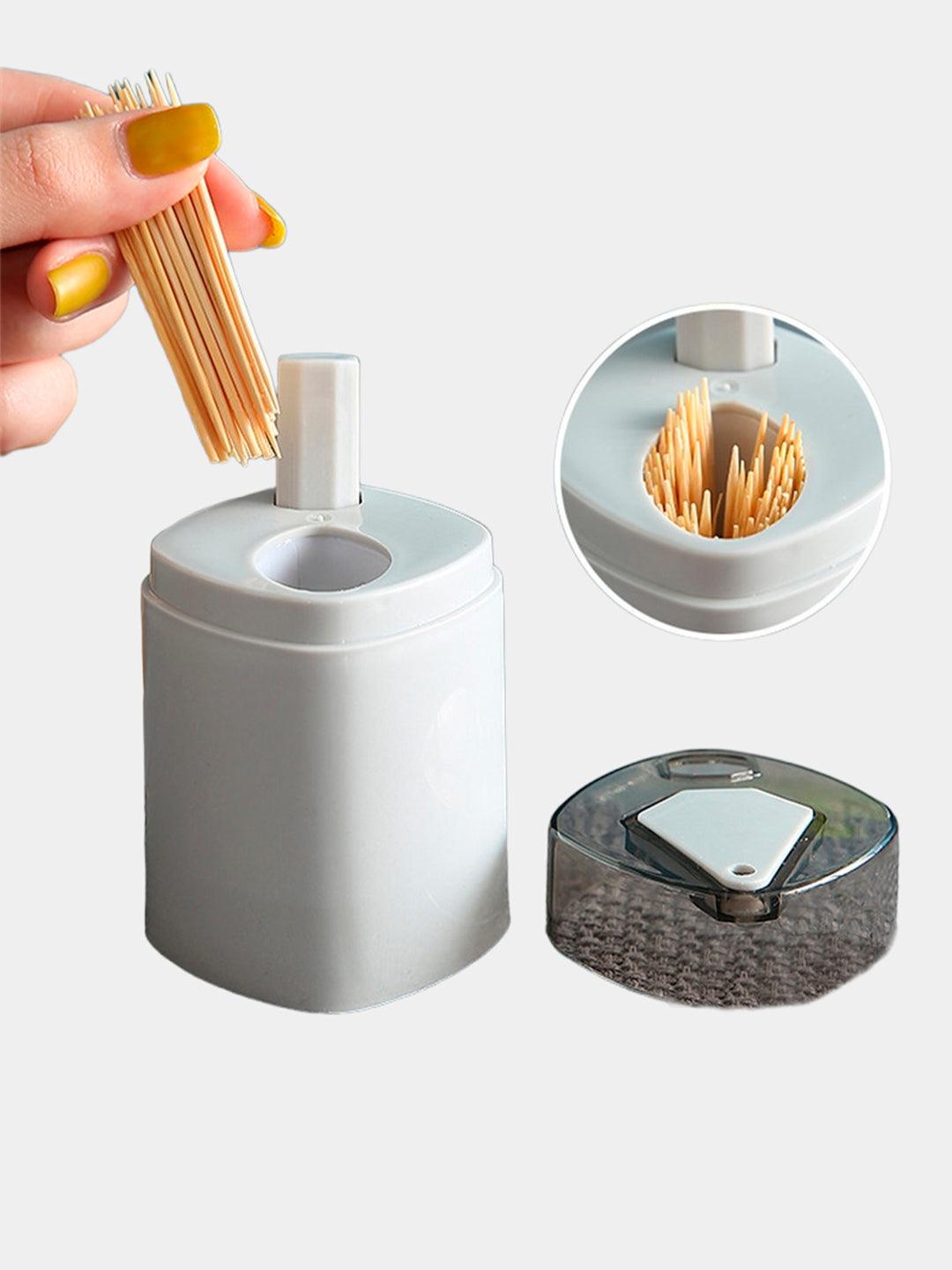 Dispenser Scobitori cu Buton de la Koken.ro, Suport Rotativ din Plastic, 8,3 x 5,5 cm, Culoare Gri - köken