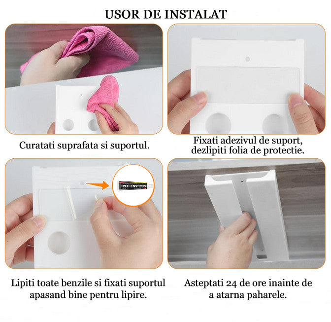 Suport suspendat pentru pahare cu picior Koken, potrivit pentru diverse tipuri de pahare, 2 x 11x 25 cm, Plastic/Alb