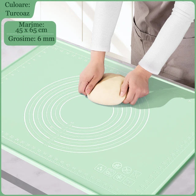 Covoraș Siliconic cu Margini Crescute Koken, Plansa de Lucru cu Marimi Extra, 45x65 cm, - Frământare, Rulare, Întindere Aluat, Scala de Măsurare, Rezistent Termic, Durabil, Ecologic, Turcoaz