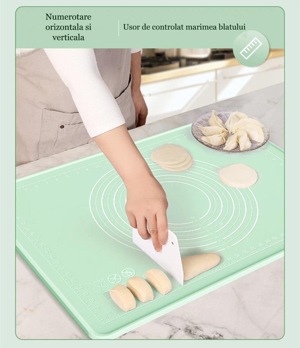 Covoraș Siliconic cu Margini Crescute Koken, Plansa de Lucru cu Marimi Extra, 45x65 cm, - Frământare, Rulare, Întindere Aluat, Scala de Măsurare, Rezistent Termic, Durabil, Ecologic, Turcoaz