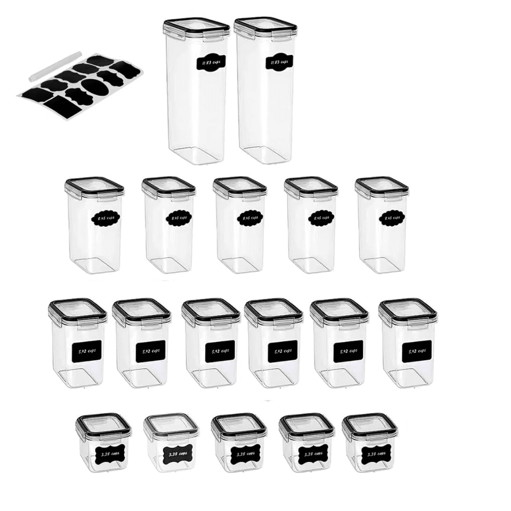 Recipiente de depozitare Koken.ro, sigure pentru cuptorul cu microunde/masina de spalat vase/congelator, Set 24/18/16/14 Caserole etanșe depozitare alimente, plastic fara BPA, Transparent/Negru - köken
