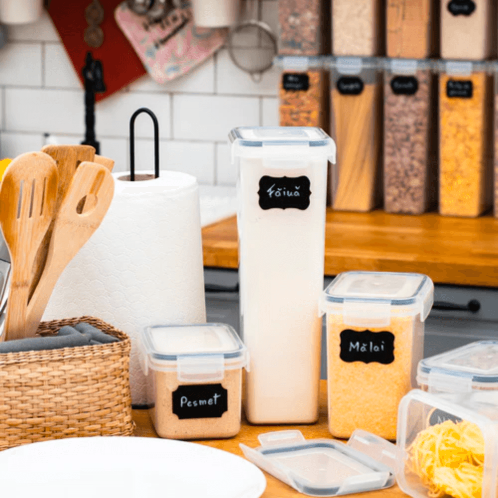 Recipiente depozitare Koken.ro, sigure pentru cuptorul cu microunde/masina de spalat vase/congelator, Set 8/7/6 Caserole etanșe depozitare alimente, plastic fara BPA, Transparent/Negru - köken