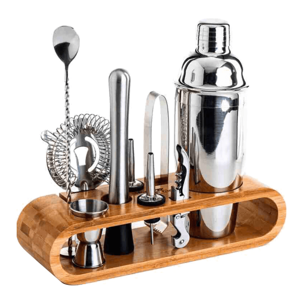 Set de Barman pentru Bauturi Koken.ro, Kit pentru barmani din 9 piese Otel inoxidabil, Suport din Bambus, Shaker Cobbler 750 ml, Argintiu - köken