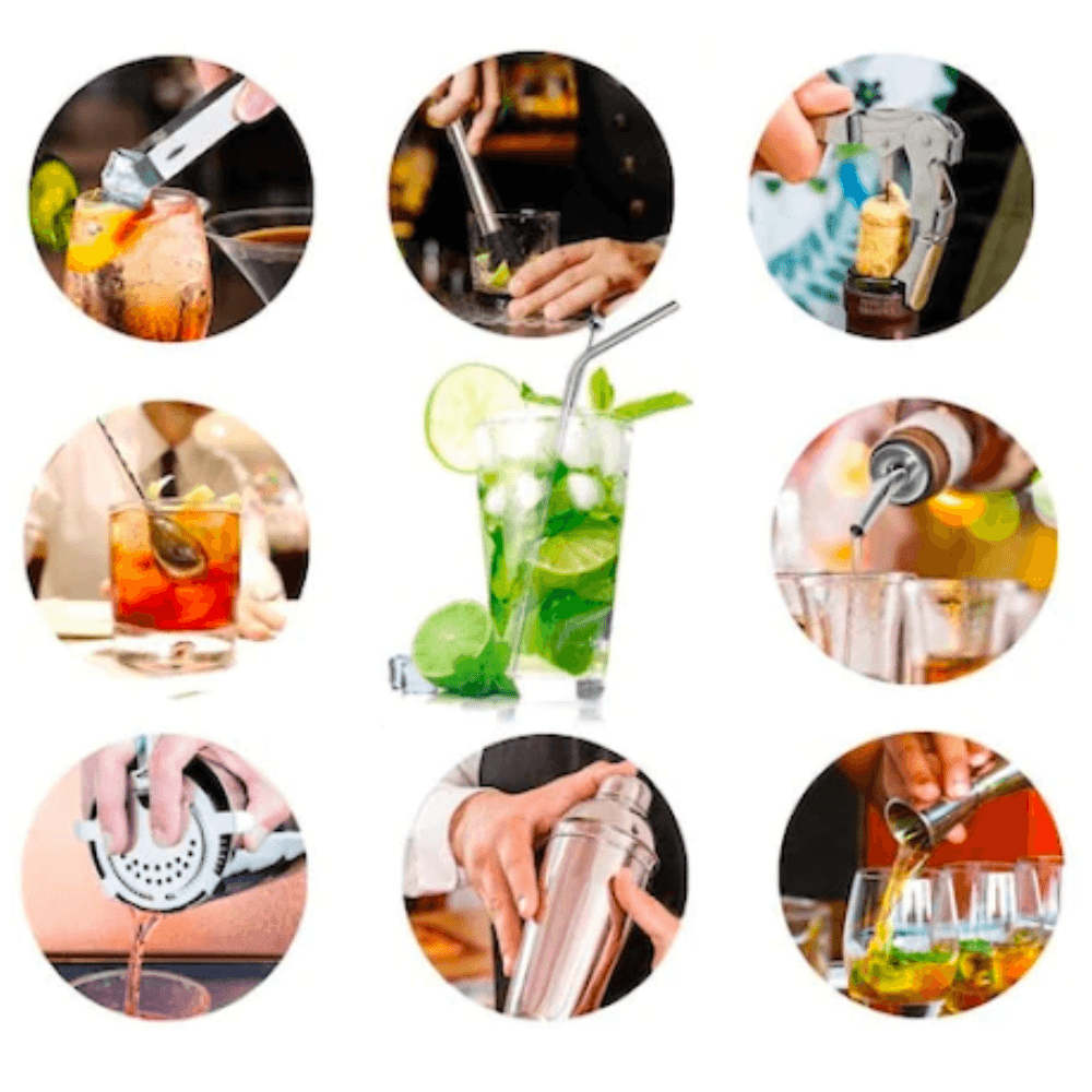 Set de Barman pentru Bauturi Koken.ro, Kit pentru barmani din 9 piese Otel inoxidabil, Suport din Bambus, Shaker Cobbler 750 ml, Argintiu - köken