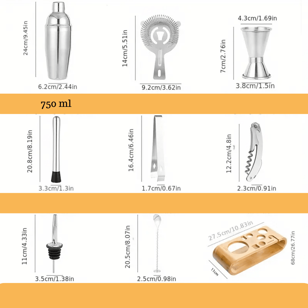 Set de Barman pentru Bauturi Koken.ro, Kit pentru barmani din 9 piese Otel inoxidabil, Suport din Bambus, Shaker Cobbler 750 ml, Argintiu - köken