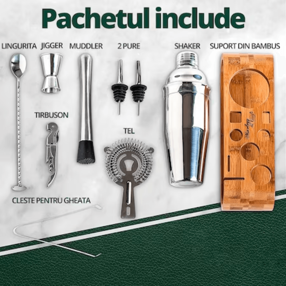 Set de Barman pentru Bauturi Koken.ro, Kit pentru barmani din 9 piese Otel inoxidabil, Suport din Bambus, Shaker Cobbler 750 ml, Argintiu - köken