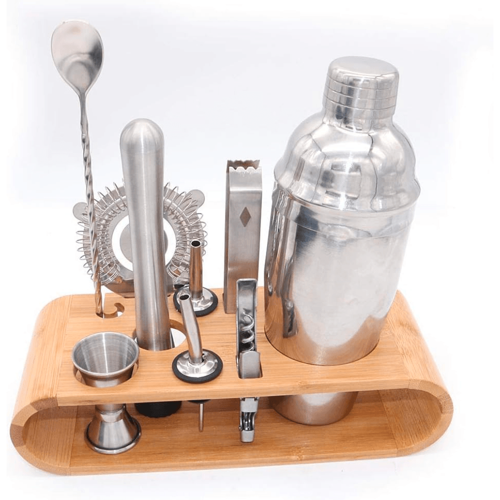 Set de Barman pentru Bauturi Koken.ro, Kit pentru barmani din 9 piese Otel inoxidabil, Suport din Bambus, Shaker Cobbler 750 ml, Argintiu - köken