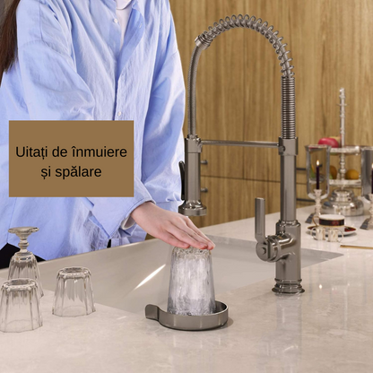 Dispozitiv Spalare Pahare Koken din inox, Spalator pahare cu presiune pentru chiuveta din Otel inoxidabil,Kit de Asamblare Inclus, Anti-rugina, Negru/Argintiu