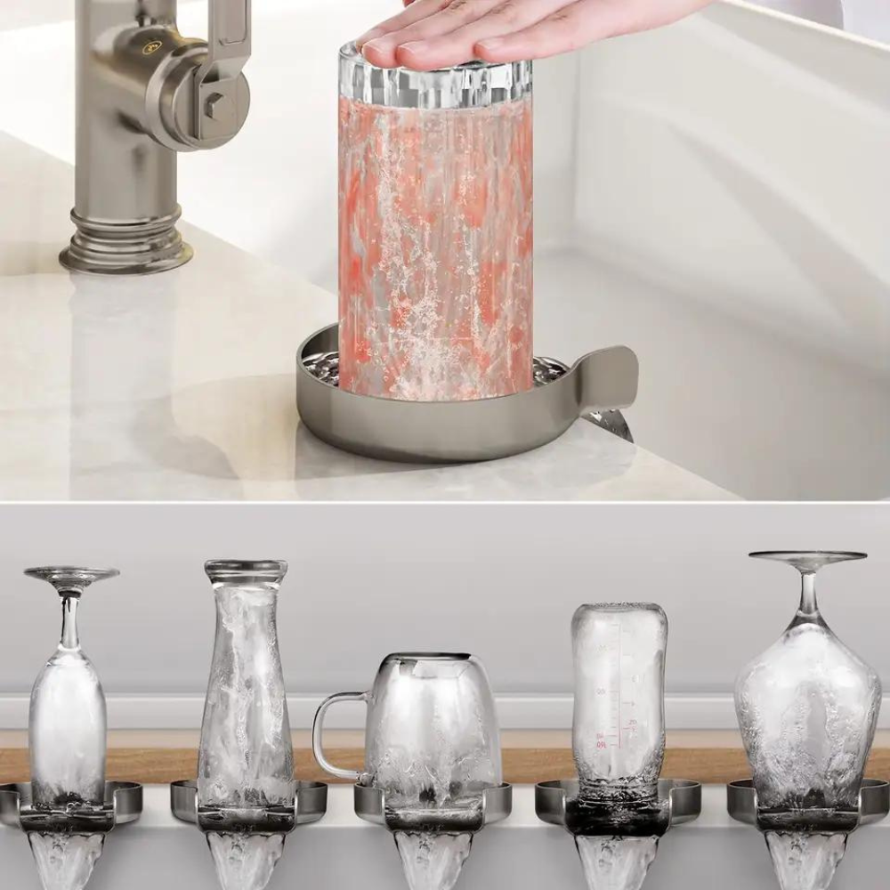 Dispozitiv Spalare Pahare Koken din inox, Spalator pahare cu presiune pentru chiuveta din Otel inoxidabil,Kit de Asamblare Inclus, Anti-rugina, Negru/Argintiu