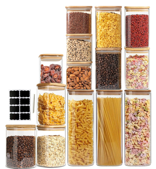 Set 14 Recipiente pătrate din sticlă borosilicată cu capac din bambus etanș Koken, pentru depozitarea alimentelor uscate și cerealelor