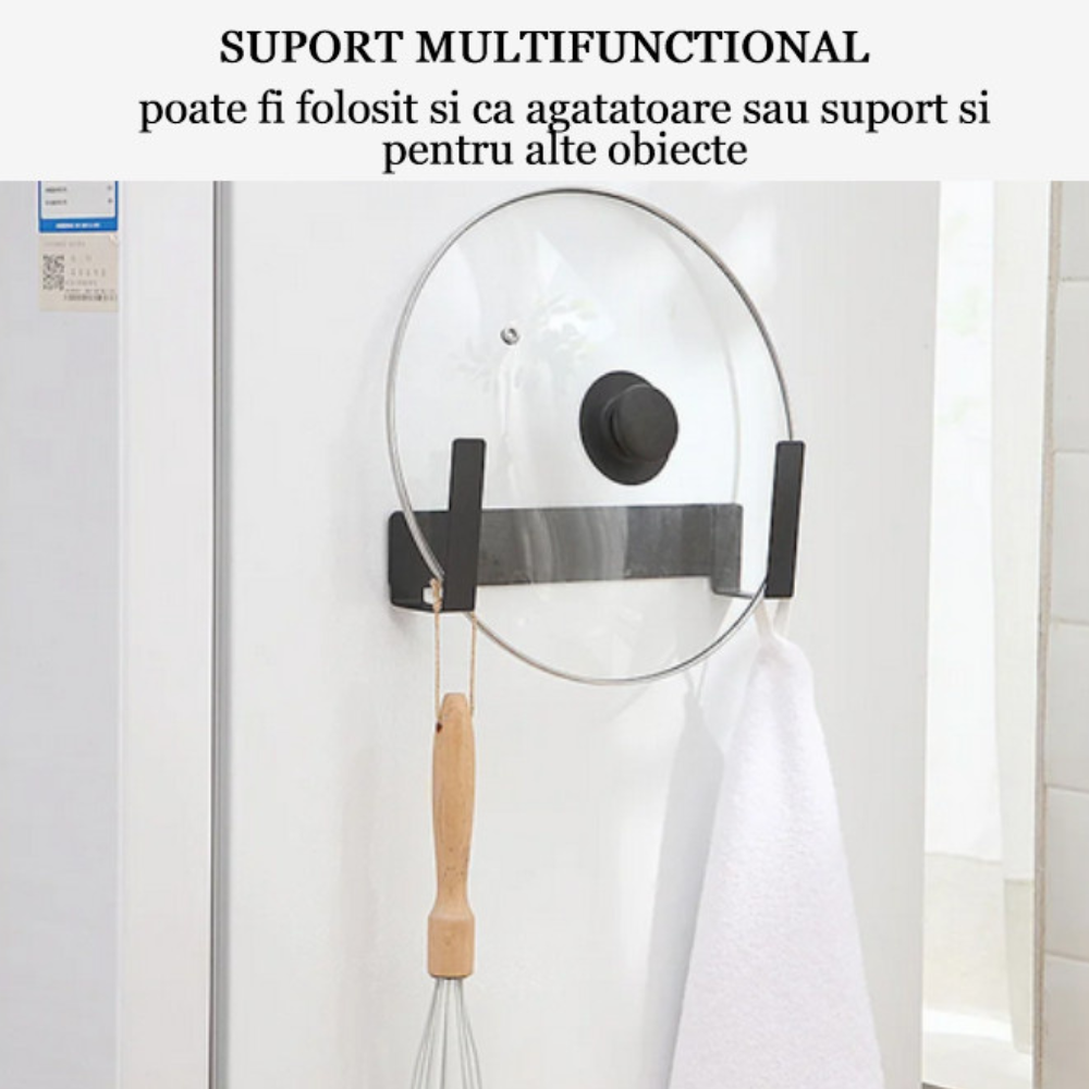 Suport pentru capace de oala in bucatarie autoadeziv Koken Organizator de bucatatrie ecologic 24 x 5 cm, Anticoroziv, Otel, Negru