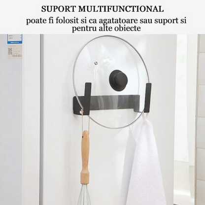 Suport pentru capace de oala in bucatarie autoadeziv Koken Organizator de bucatatrie ecologic 24 x 5 cm, Anticoroziv, Otel, Negru