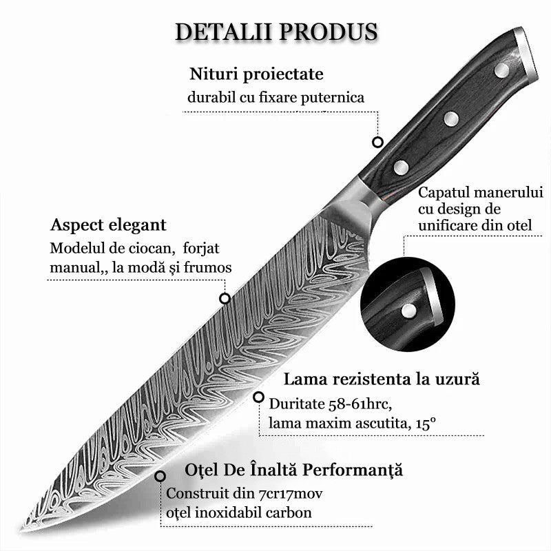Koken Damascus ფოლადის პროფესიონალური სამზარეულოს დანა, მაღალი ნახშირბადის დანა, 21 სმ, ხის სახელური