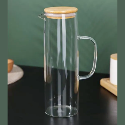 Carafa Pentru Apa din sticla borosilicată Koken, recipient cu Capac din bambus si otel inoxidabil, Ulcior 26 x 8,5 cm, 1500ml, Transparent/Lemn