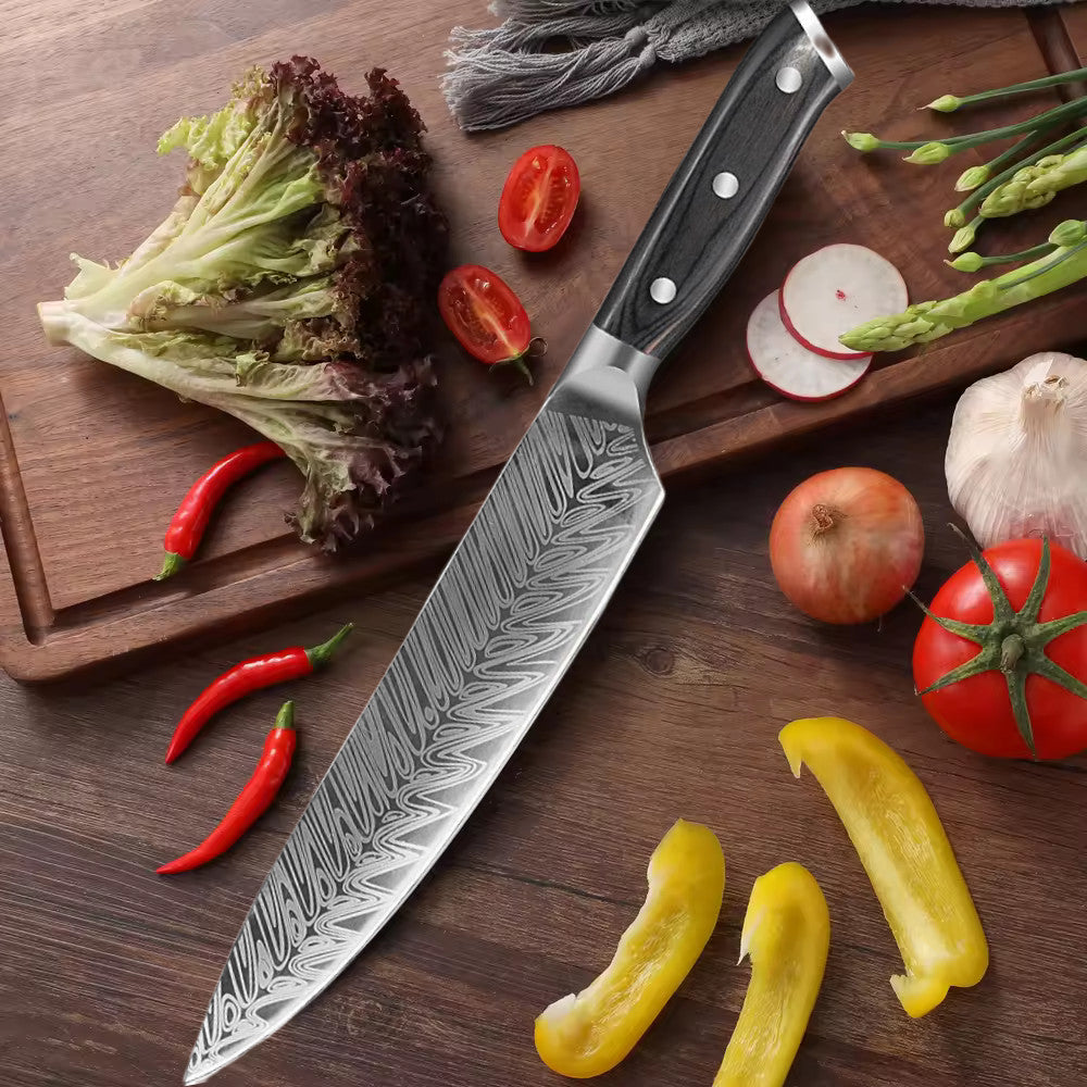 Koken Damascus ფოლადის პროფესიონალური სამზარეულოს დანა, მაღალი ნახშირბადის დანა, 21 სმ, ხის სახელური