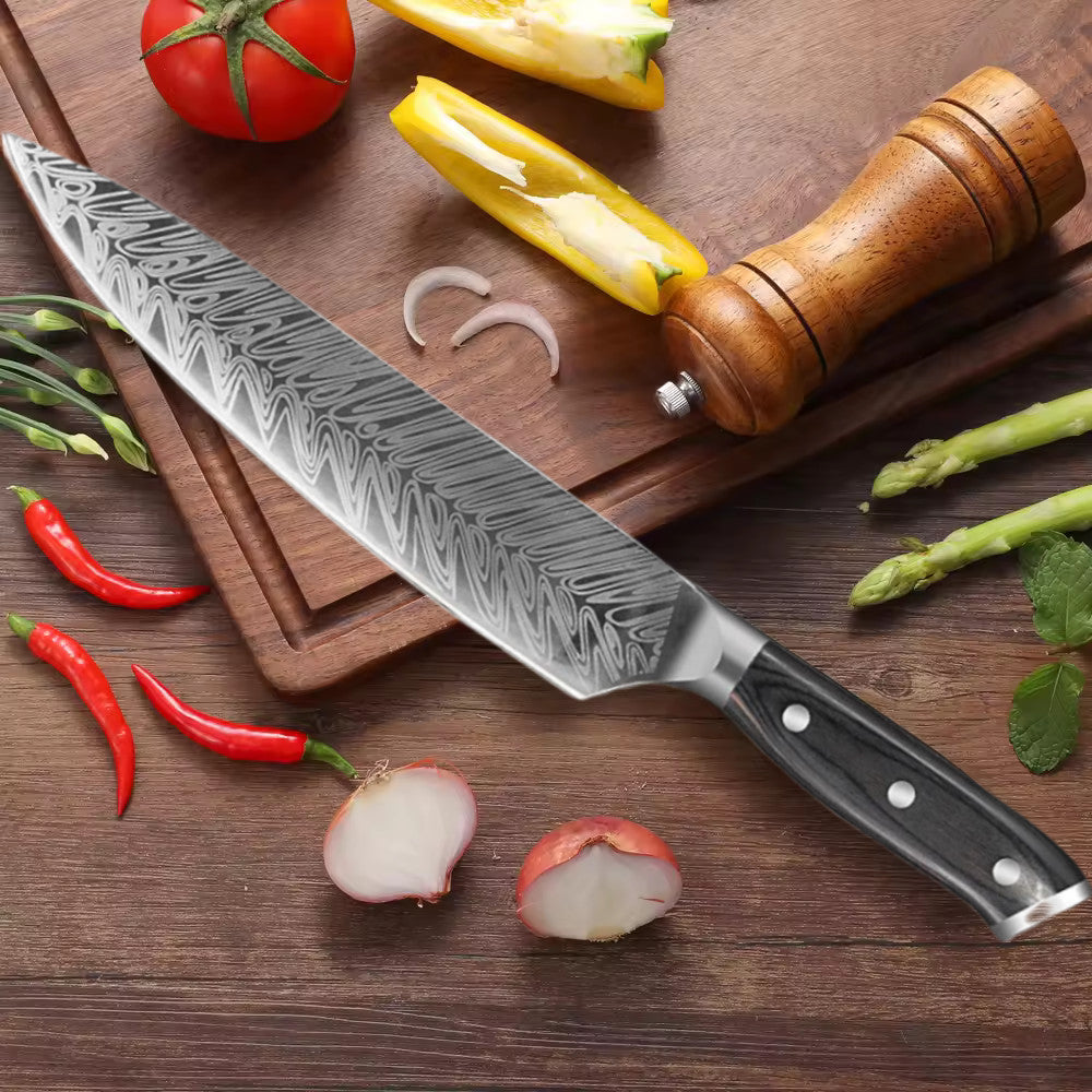 Koken Damascus ფოლადის პროფესიონალური სამზარეულოს დანა, მაღალი ნახშირბადის დანა, 21 სმ, ხის სახელური