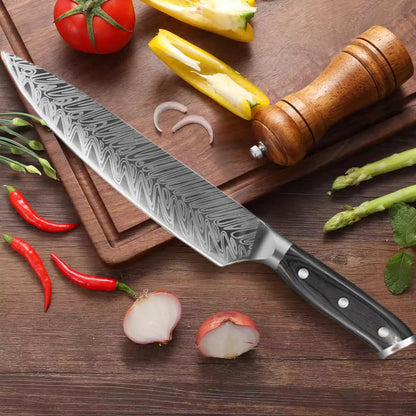 Koken Damascus ფოლადის პროფესიონალური სამზარეულოს დანა, მაღალი ნახშირბადის დანა, 21 სმ, ხის სახელური