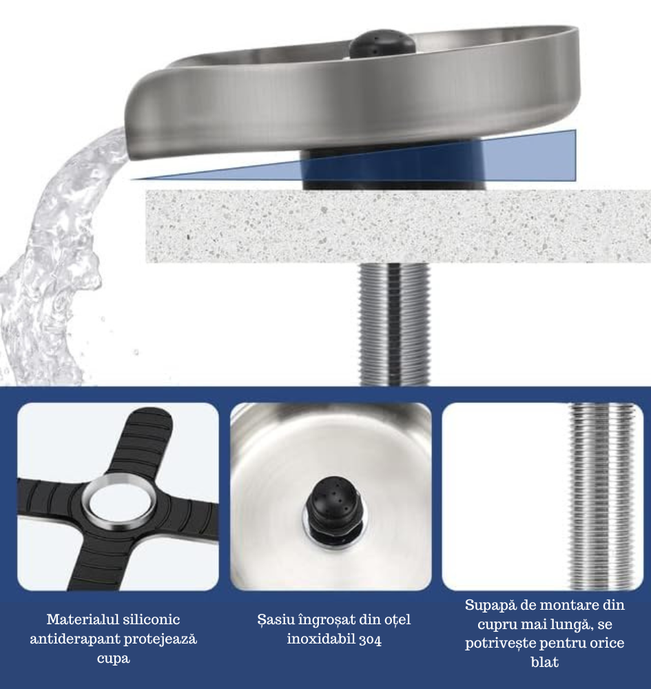 Dispozitiv Spalare Pahare Koken din inox, Spalator pahare cu presiune pentru chiuveta din Otel inoxidabil,Kit de Asamblare Inclus, Anti-rugina, Negru/Argintiu