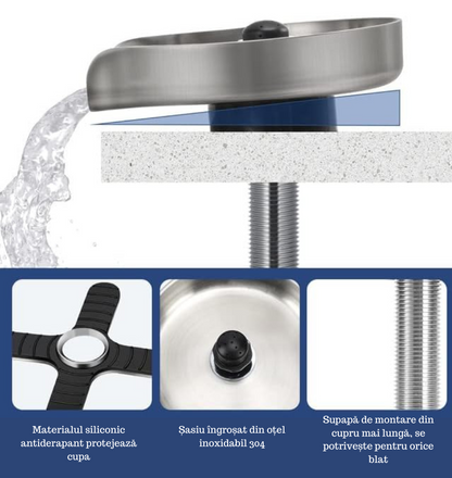 Dispozitiv Spalare Pahare Koken din inox, Spalator pahare cu presiune pentru chiuveta din Otel inoxidabil,Kit de Asamblare Inclus, Anti-rugina, Negru/Argintiu