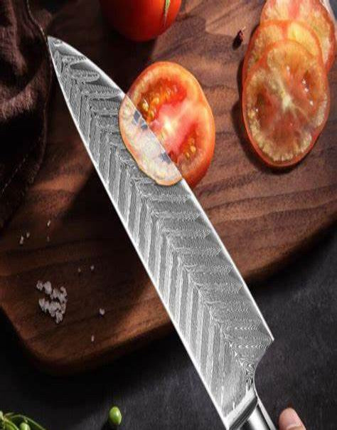 Koken Damascus ფოლადის პროფესიონალური სამზარეულოს დანა, მაღალი ნახშირბადის დანა, 21 სმ, ხის სახელური