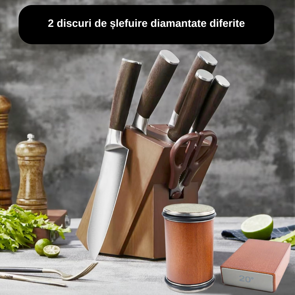 Koken Rolling System დანის სათლელის ნაკრები, ბრილიანტის სათლელი ქვა, 2 კუთხე 15°/20°, ხე 