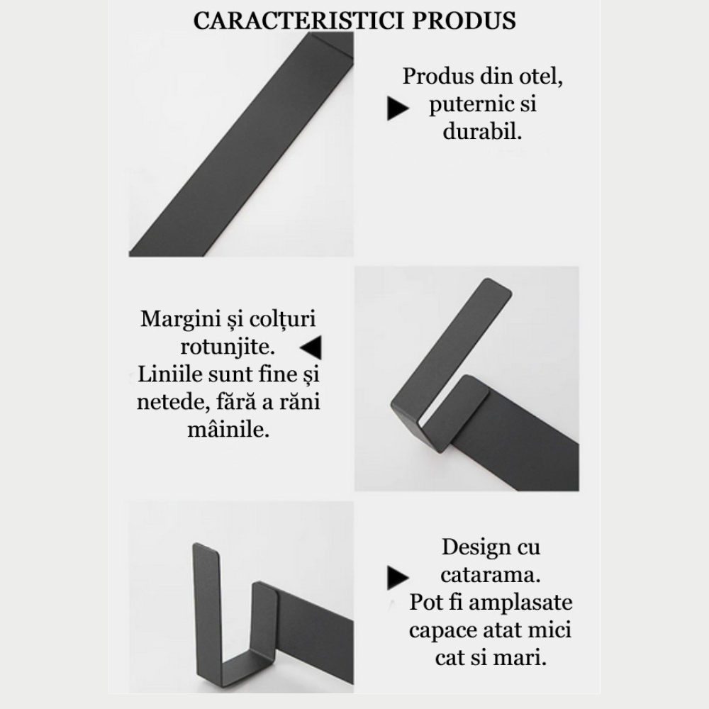 Suport pentru capace de oala in bucatarie autoadeziv Koken Organizator de bucatatrie ecologic 24 x 5 cm, Anticoroziv, Otel, Negru