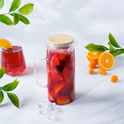Carafa Pentru Apa din sticla borosilicată Koken, recipient cu Capac din bambus si otel inoxidabil, Ulcior 26 x 8,5 cm, 1500ml, Transparent/Lemn