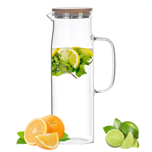 Carafa Pentru Apa din sticla borosilicată Koken, recipient cu Capac din bambus si otel inoxidabil, Ulcior 26 x 8,5 cm, 1500ml, Transparent/Lemn