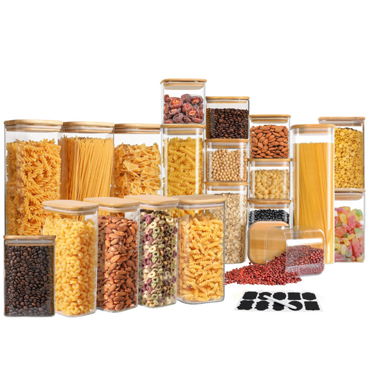 Set 20 Recipiente pătrate din sticlă borosilicată cu capac din bambus etanș Koken, pentru depozitarea alimentelor uscate și cerealelor,