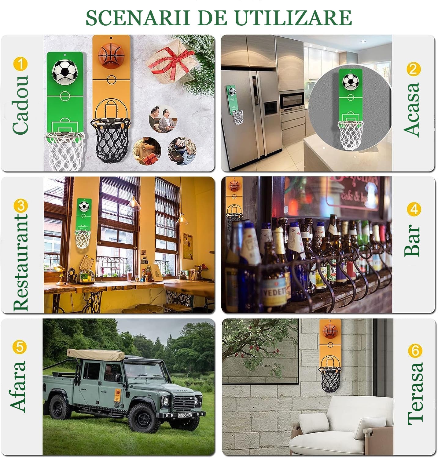 Desfăcător de Sticle cu Colector de Capace Koken, - Decor și Cadou Perfect pentru Suporteri, Bărbați, Fotbal și Sport, 20x8 cm, 3 Moduri de Instalare, Otel/Verde