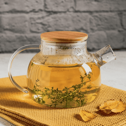 Ceainic cu infuzor Koken.ro, Sticla termorezistentă borosilicată, 950 ml, Capacul din bambus/oțel inoxidabil, Rezistent la temperaturi extreme 150℃, - köken