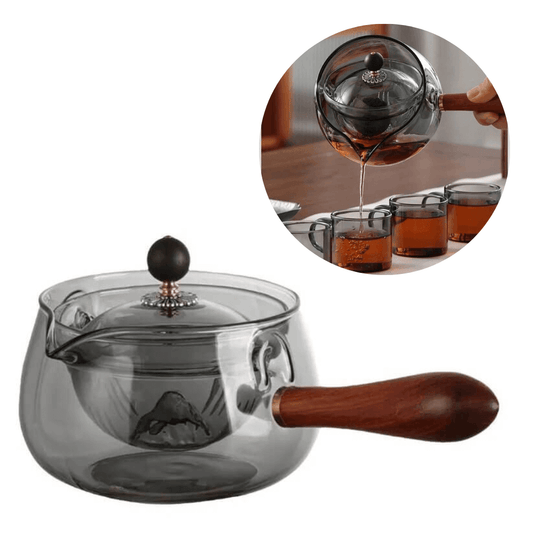 Ceainic japonez cu infuzor Koken.ro, ceainic din Sticla borosilicată rotativ la 360 de grade cu mâner lateral Lemn, Rezistent la temperaturi extreme 150℃, - köken