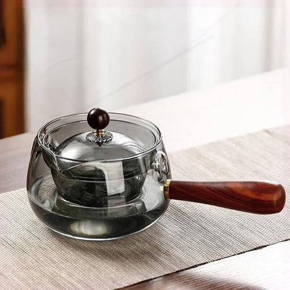 Ceainic japonez cu infuzor Koken.ro, ceainic din Sticla borosilicată rotativ la 360 de grade cu mâner lateral Lemn, Rezistent la temperaturi extreme 150℃, - köken