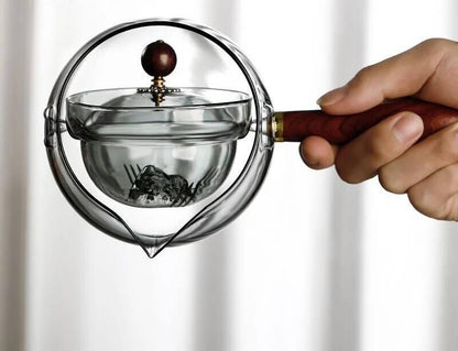 Ceainic japonez cu infuzor Koken.ro, ceainic din Sticla borosilicată rotativ la 360 de grade cu mâner lateral Lemn, Rezistent la temperaturi extreme 150℃, - köken